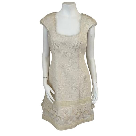 Badgley Mischka Ivory Embroidered Quilted Evening Cocktail Sheath Dress US 6 - Picture 1 of 16